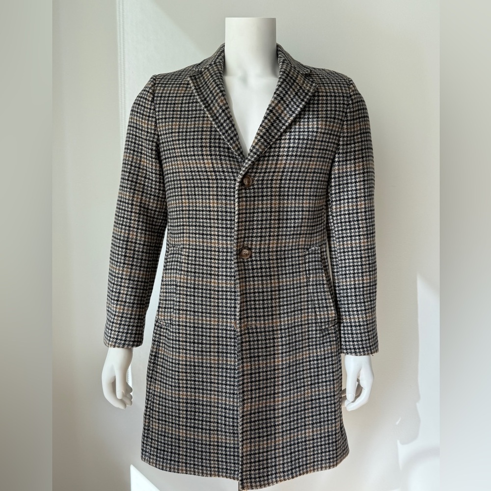 Ralph Lauren Beige, Black and Blue Plaid Houndstooth Overcoat 36R